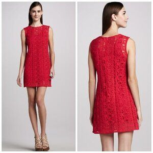 Elie Tahari Red Crochet Lace Jette Dress Painted Lady Orange Silk Slip Size 10